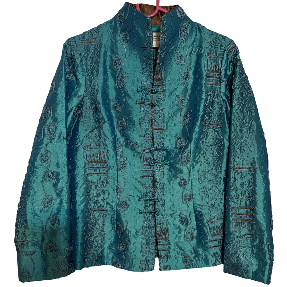 Vintage Dragon Silk Jacket Coat Womens Large Mandarin Collar Floral Embroidered